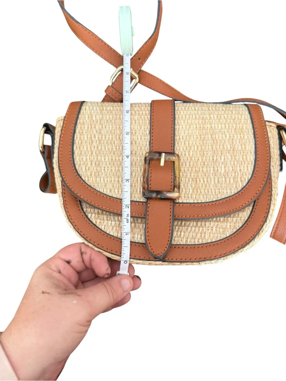 Woven Straw Crossbody Bag with Tan Leather Trim